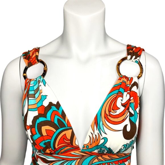 MILLY Multi Color Deep V Stretch Knit Mini Sundress with Wood Ring Detail - Picture 2 of 6